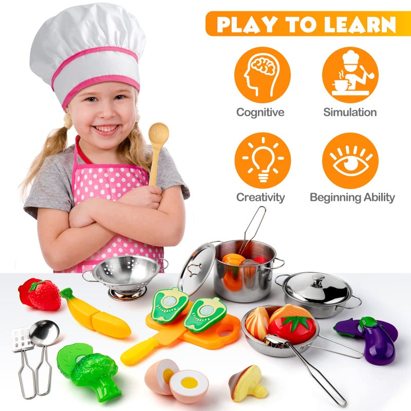 Tigerhu 26PCS Play Kitchen Accessories, Kitchen Pretend Play Cooking Toys w/ Stainless Steel Cookware, Apron & Chef Hat,Pots and Pans Set, Cutting Foods, Great Learning Gifts for Toddler & Boys Girls - Image 2